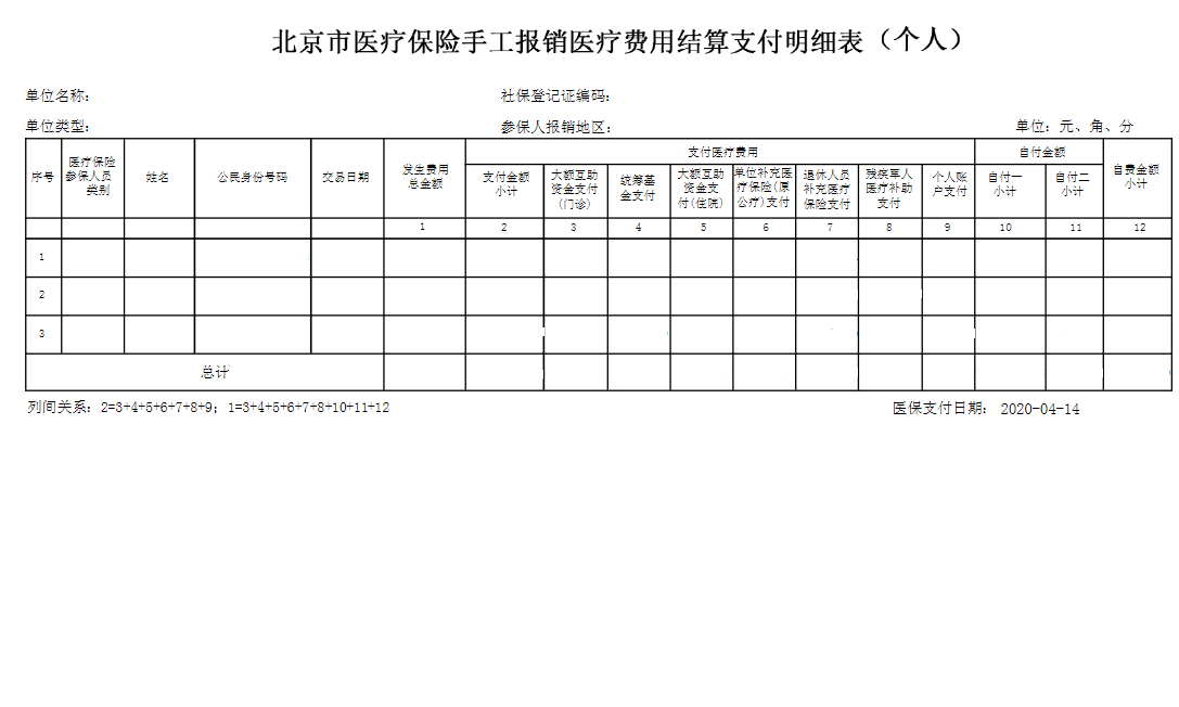 北京市医疗保险手工报销医疗费用结算支付明细表png